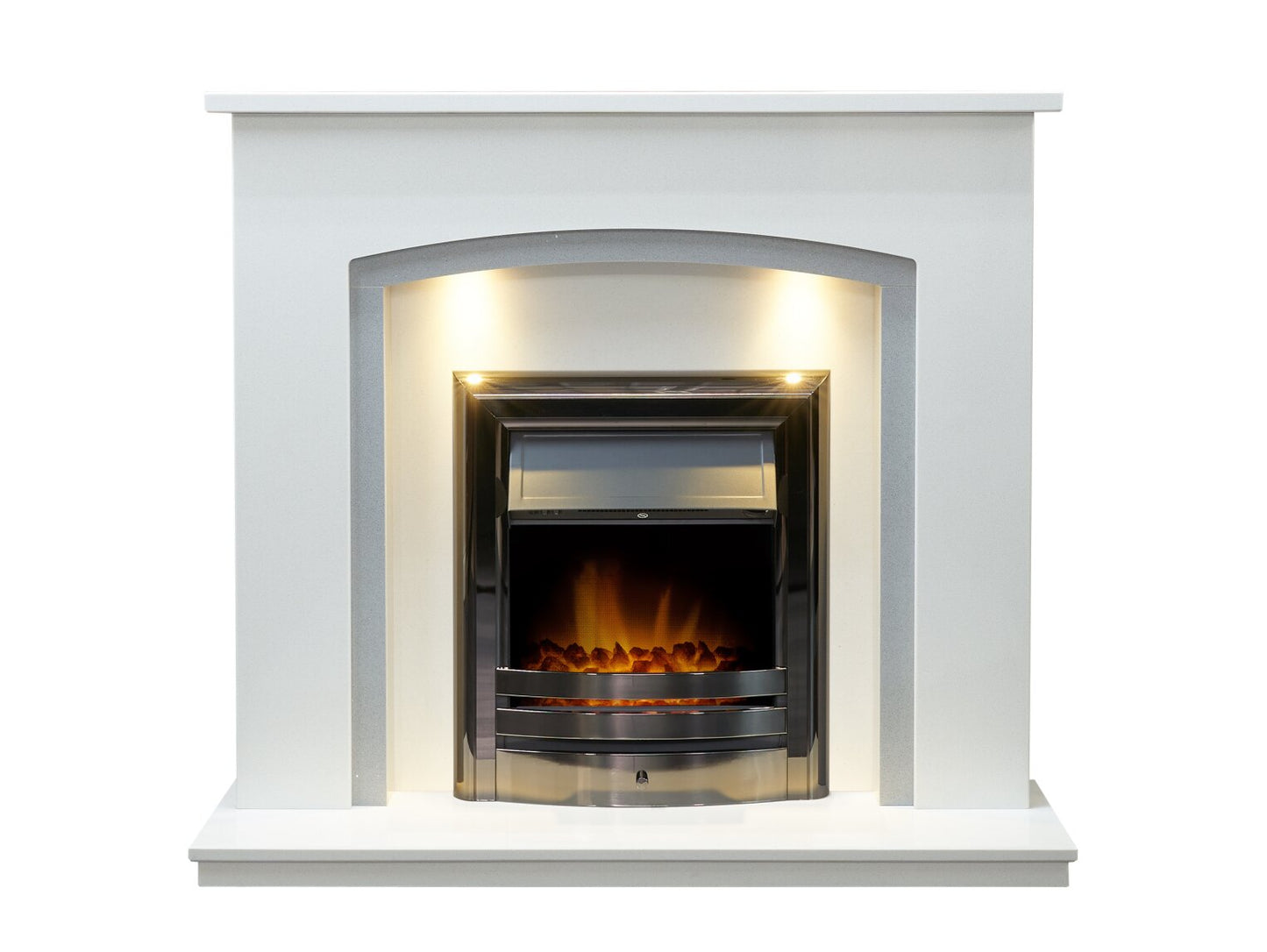 Acantha Calella White Marble Fireplace with Downlights & Vela Electric Fire in Black Nickel, 48 Inch