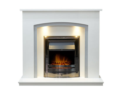 Acantha Calella White Marble Fireplace with Downlights & Vela Electric Fire in Black Nickel, 48 Inch