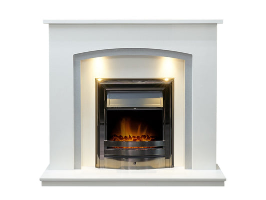Acantha Calella White Marble Fireplace with Downlights & Vela Electric Fire in Black Nickel, 48 Inch