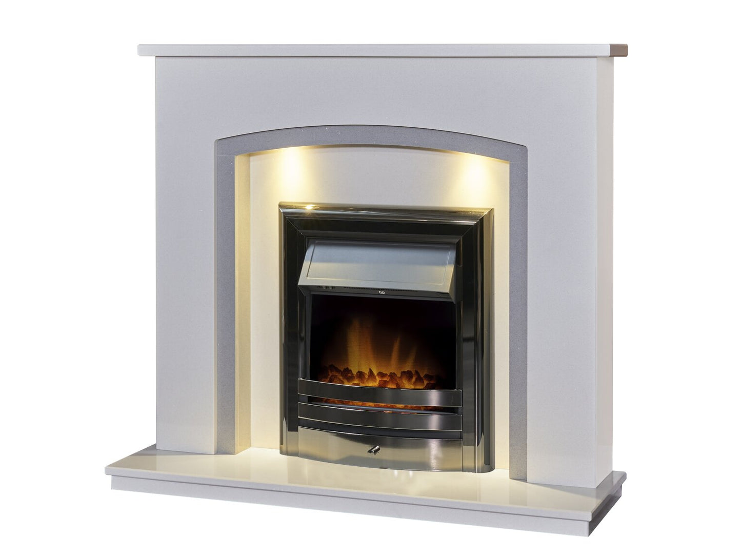 Acantha Calella White Marble Fireplace with Downlights & Vela Electric Fire in Black Nickel, 48 Inch
