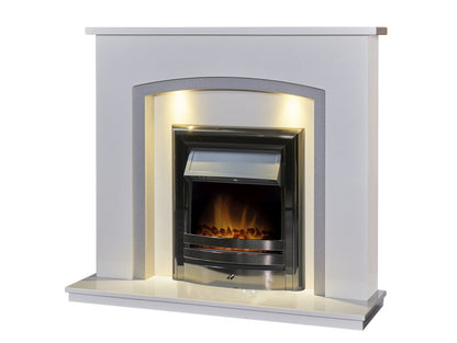 Acantha Calella White Marble Fireplace with Downlights & Vela Electric Fire in Black Nickel, 48 Inch