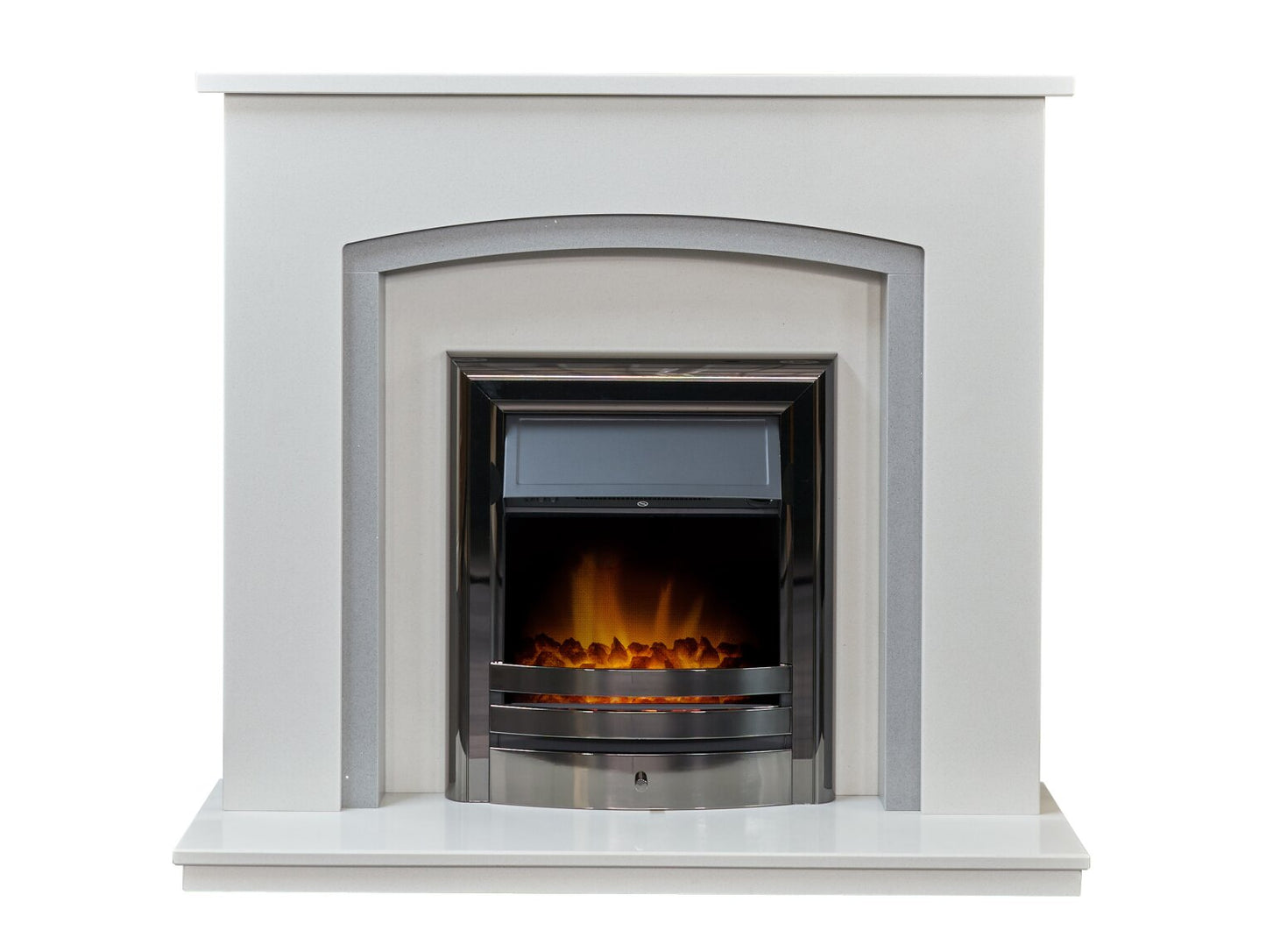 Acantha Calella White Marble Fireplace with Downlights & Vela Electric Fire in Black Nickel, 48 Inch
