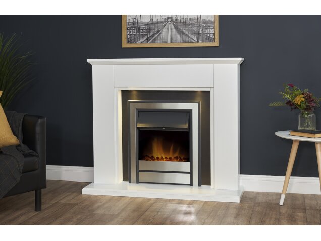 Adam Eltham Fireplace in Pure White & Black with Downlight & Argo Electric Fire in Steel, 45 Inch