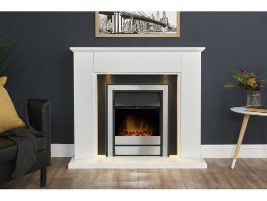 Adam Eltham Fireplace in Pure White & Black with Downlight & Argo Electric Fire in Steel, 45 Inch