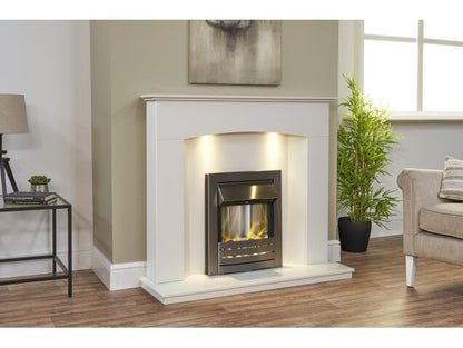 Acantha Tuscon White Marble Fireplace with Downlights & Helios Electric Fire in Brushed Steel, 48 Inch
