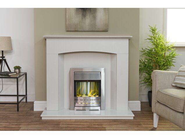 Acantha Tuscon White Marble Fireplace with Downlights & Helios Electric Fire in Brushed Steel, 48 Inch