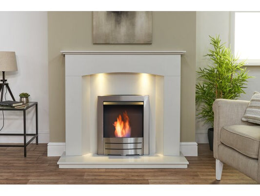 Acantha Tuscon White Marble Fireplace with Downlights & Colorado Bio Ethanol Fire in Brushed Steel, 48 Inch
