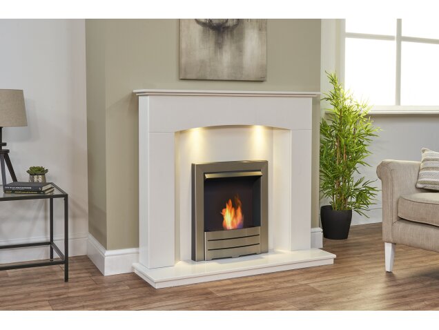 Acantha Tuscon White Marble Fireplace with Downlights & Colorado Bio Ethanol Fire in Brushed Steel, 48 Inch