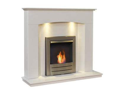 Acantha Tuscon White Marble Fireplace with Downlights & Colorado Bio Ethanol Fire in Brushed Steel, 48 Inch