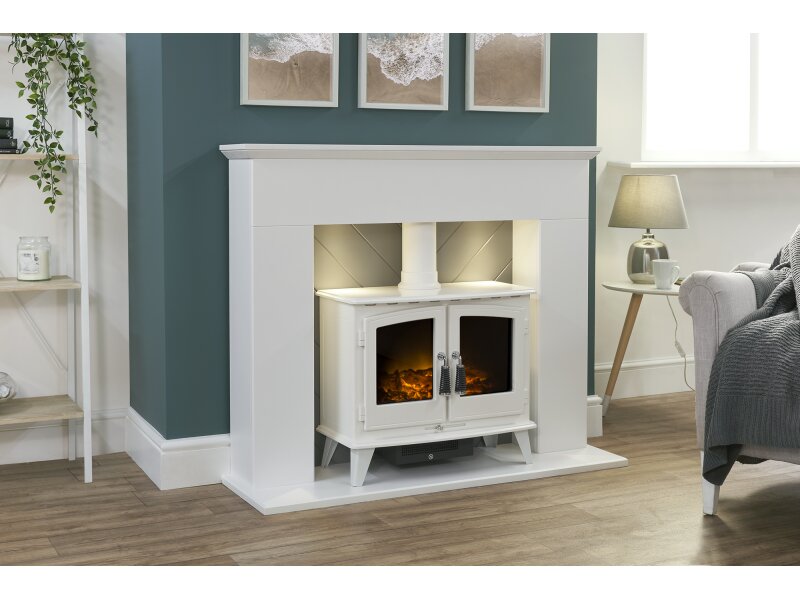 Adam Corinth Stove Fireplace in Pure White & Grey with Downlights, 48 Inch