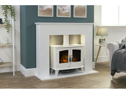 Adam Corinth Stove Fireplace in Pure White & Grey with Downlights, 48 Inch