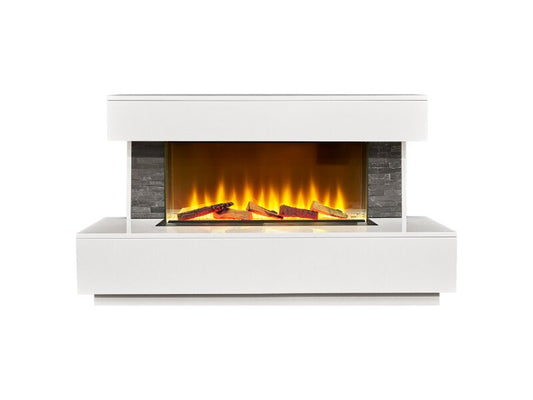 Acantha Aspen White Marble Fireplace Suite with Grey Slate Sides Downlights, 50 Inch