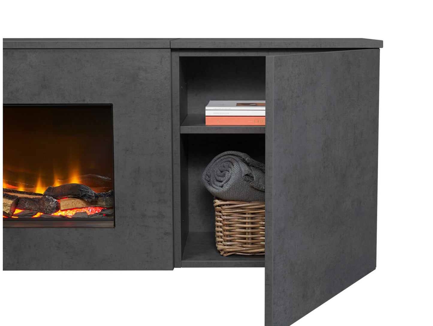 Acantha Orion 100 Inch Floating Electric Fireplace Suite - Wall Mounted Media Wall with Slate Effect TV Backboard