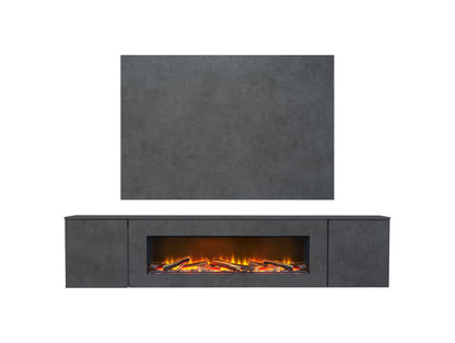 Acantha Orion 100 Inch Floating Electric Fireplace Suite - Wall Mounted Media Wall with Slate Effect TV Backboard