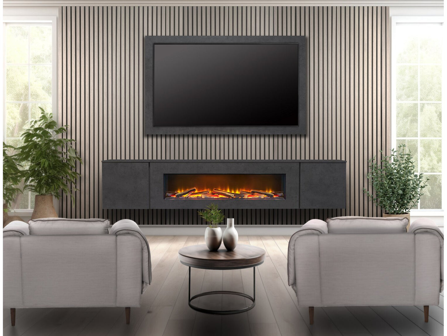 Acantha Orion 100 Inch Floating Electric Fireplace Suite - Wall Mounted Media Wall with Slate Effect TV Backboard