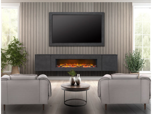 Acantha Orion 100 Inch Floating Electric Fireplace Suite - Wall Mounted Media Wall with Slate Effect TV Backboard