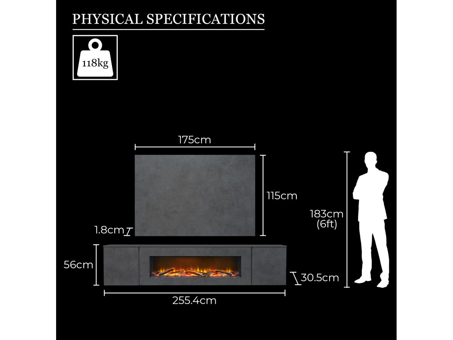 Acantha Orion 100 Inch Floating Electric Fireplace Suite - Wall Mounted Media Wall with Slate Effect TV Backboard