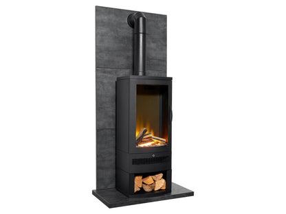 Acantha Tile & Hearth Set in Slate Effect with Horizon Stove & Log Storage