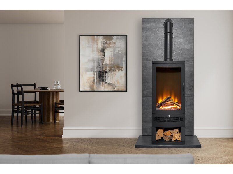 Acantha Tile & Hearth Set in Slate Effect with Horizon Stove & Log Storage