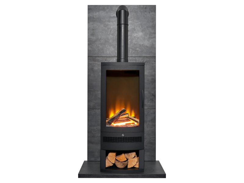 Acantha Tile & Hearth Set in Slate Effect with Horizon Stove & Log Storage