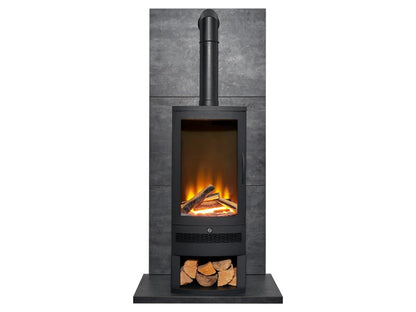 Acantha Tile & Hearth Set in Slate Effect with Horizon Stove & Log Storage