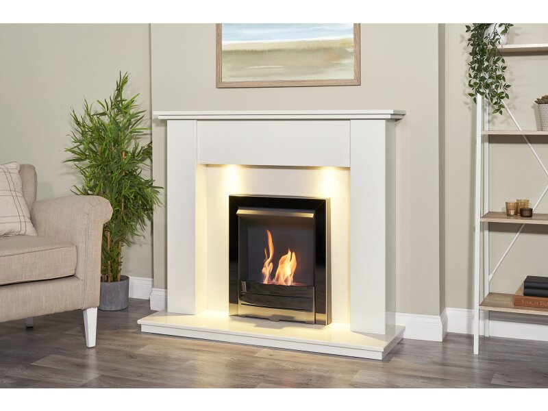 Adam Avila White Marble Fireplace with Downlights, 48 Inch