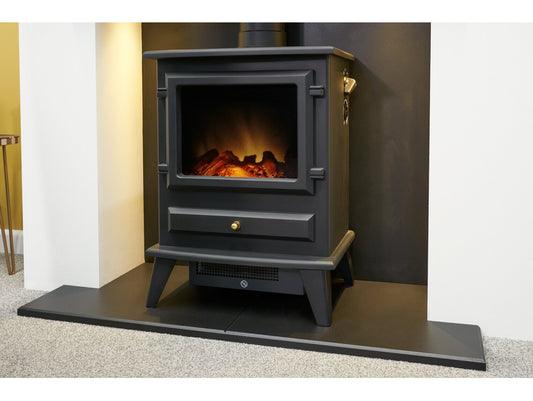 Acantha Pre-Built Stove Media Wall 1 with Hudson Electric Stove in Black