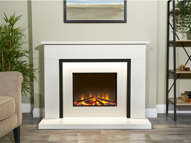 Acantha Milano White Marble & Black Granite Electric Fireplace Suite, 48 Inch