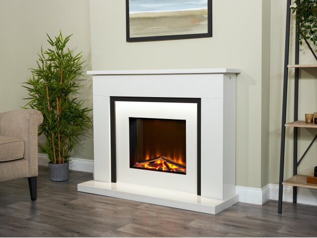 Acantha Milano White Marble & Black Granite Electric Fireplace Suite, 48 Inch