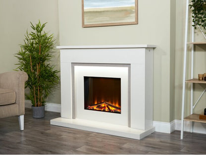 Acantha Milano White & Sparkly Grey Marble Electric Fireplace Suite, 48 Inch