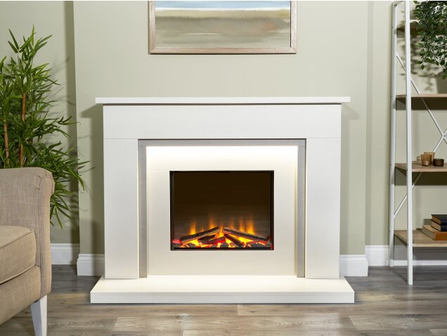 Acantha Milano White & Sparkly Grey Marble Electric Fireplace Suite, 48 Inch