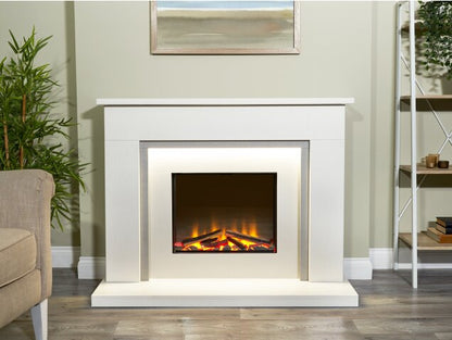 Acantha Milano White & Sparkly Grey Marble Electric Fireplace Suite, 48 Inch