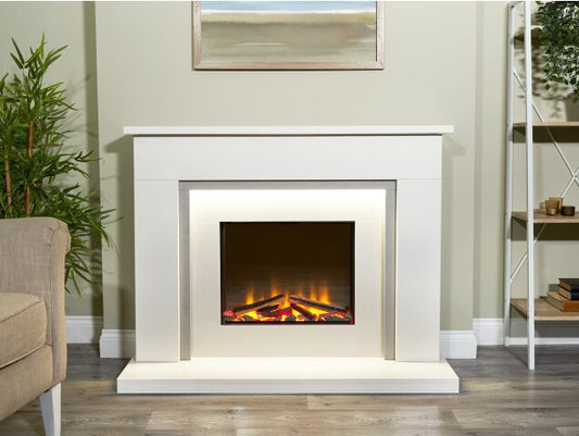 Acantha Milano White & Sparkly Grey Marble Electric Fireplace Suite, 48 Inch