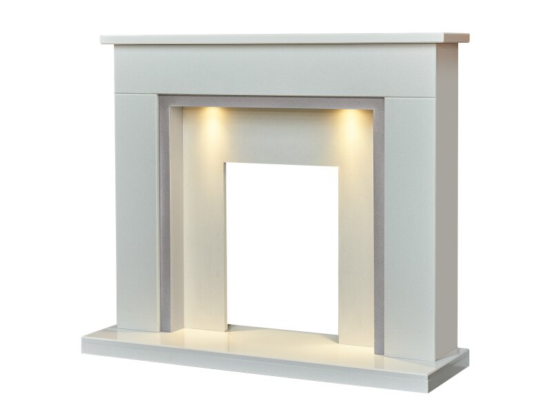 Acantha Maine White & Grey Marble Fireplace with Downlights, 48 Inch