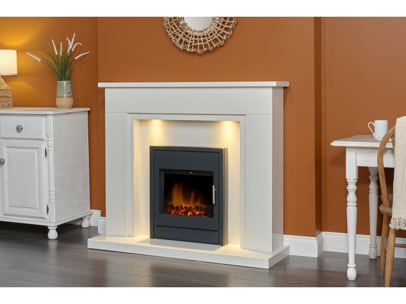 Acantha Maine White & Grey Marble Fireplace with Downlights, 48 Inch
