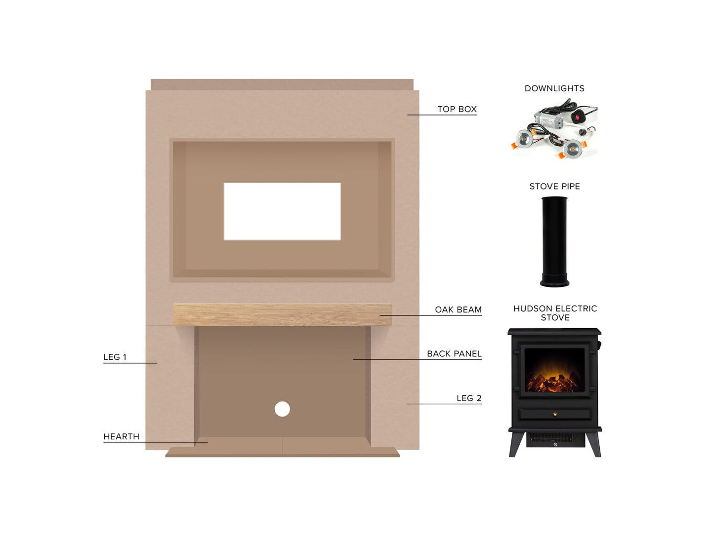 Acantha Pre-Built Stove Media Wall 2 with TV Recess & Hudson Electric Stove in Black