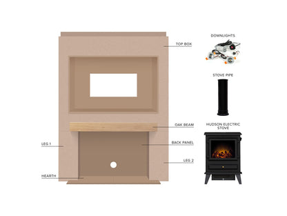 Acantha Pre-Built Stove Media Wall 2 with TV Recess & Hudson Electric Stove in Black