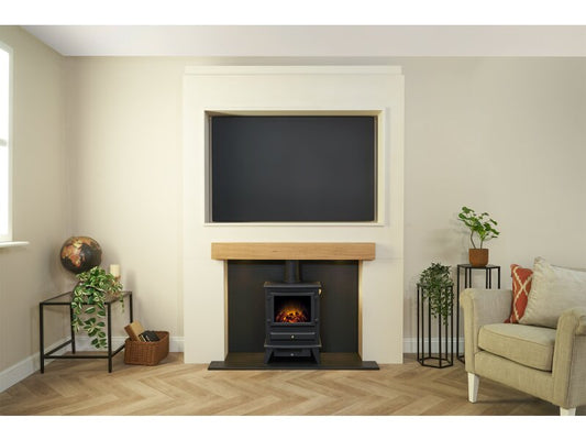 Acantha Pre-Built Stove Media Wall 2 with TV Recess & Hudson Electric Stove in Black