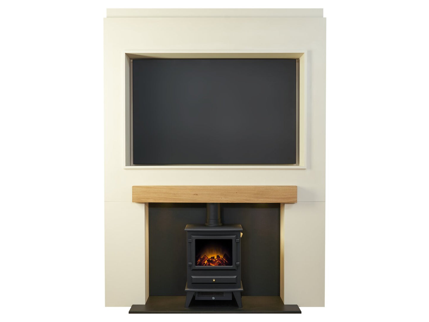 Acantha Pre-Built Stove Media Wall 2 with TV Recess & Hudson Electric Stove in Black