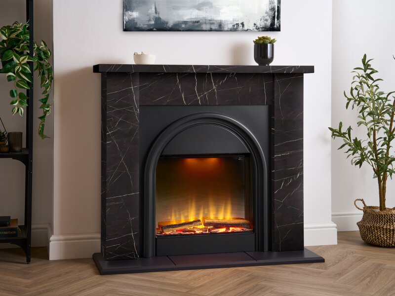 Adam Burlington Electric Fireplace Suite in Black Carrara Marble Effect, 43 Inch