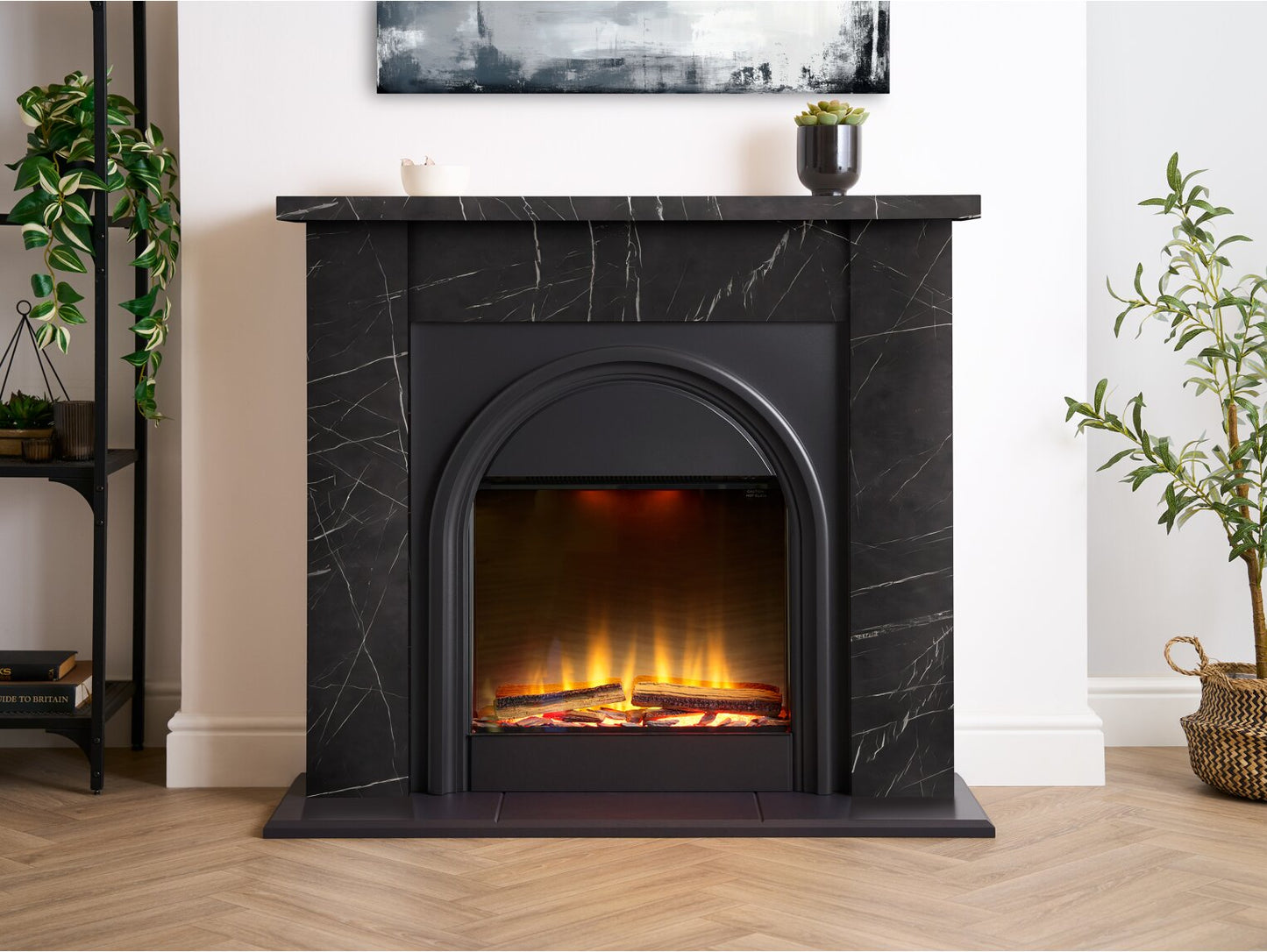 Adam Burlington Electric Fireplace Suite in Black Carrara Marble Effect, 43 Inch