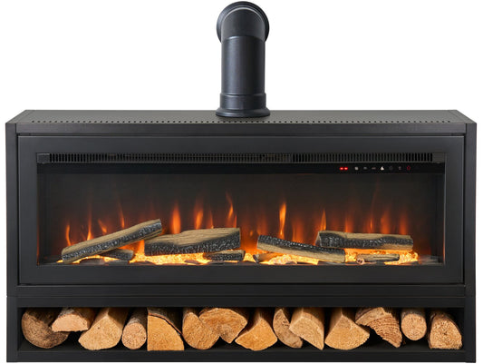 Acantha Vision Electric Media Stove with Log Store & Stove Pipe in Black