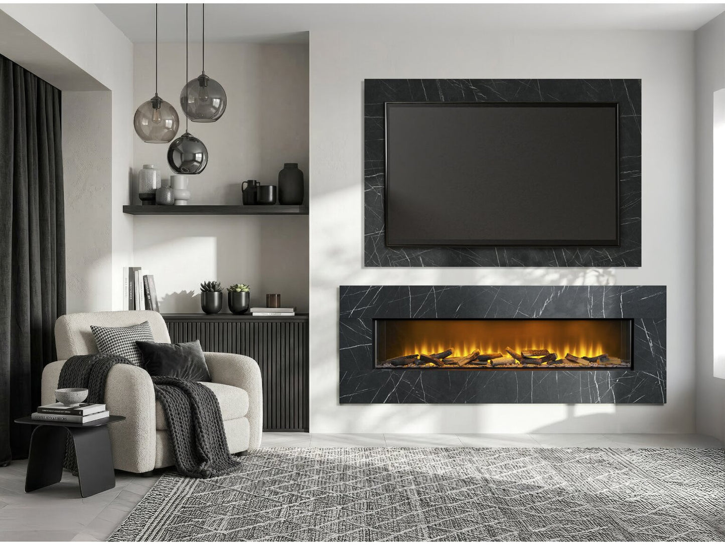 Acantha Pinnacle Fully Inset Media Wall Fire with TV Back Board in Concrete/Marble Effect