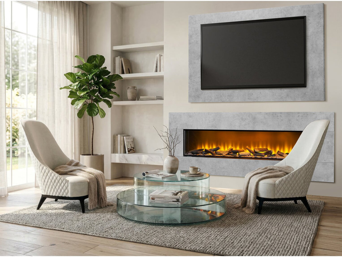 Acantha Pinnacle Fully Inset Media Wall Fire with TV Back Board in Concrete/Marble Effect