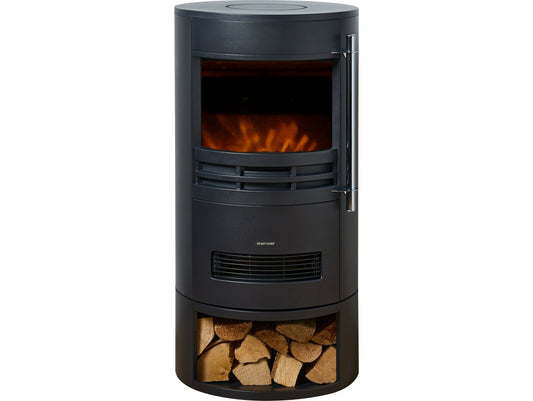 Sureflame Dunston Round Electric Stove with Log Storage – Black