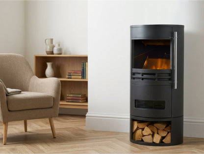 Sureflame Dunston Round Electric Stove with Log Storage – Black
