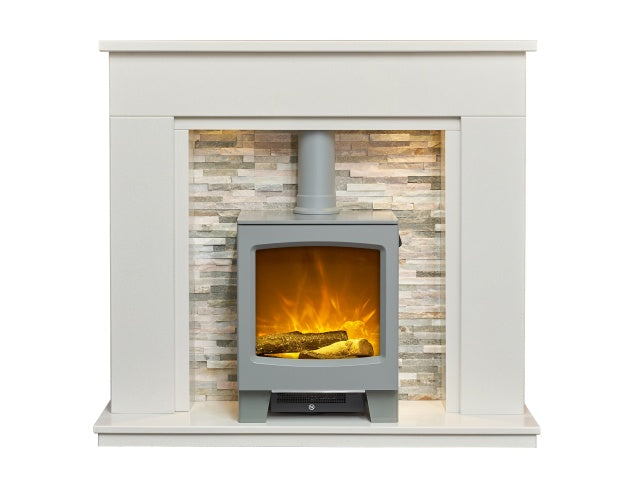 Acantha Amalfi White Marble Fireplace with Downlights & Lunar Electric Stove in Grey 48 Inch