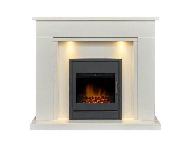 Acantha Maine White Marble Fireplace with Downlights & Alta Electric Inset Stove in Black