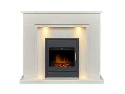 Acantha Maine White Marble Fireplace with Downlights & Alta Electric Inset Stove in Black