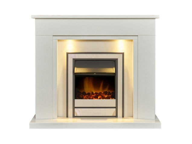Acantha Maine White Marble Fireplace with Downlights & Argo Electric Fire in Brushed Steel 48 Inch